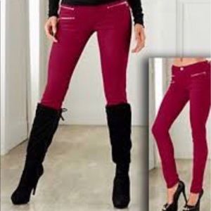 Red VENUS Skinny Corduroys with Zipper Accents